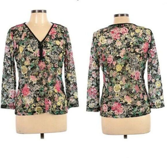 Julio Top Long Sleeve Pullover Net Mesh 3/4 Zip Pullover Lace Floral Print Sz 10 - Picture 1 of 13